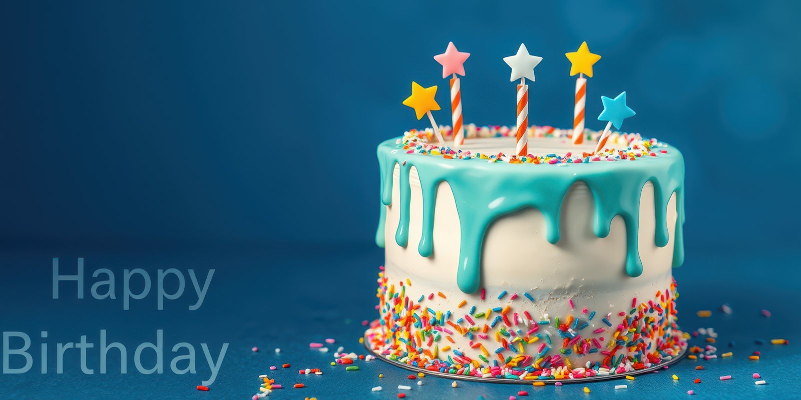 Colorful birthday cake with decorations and candles on a festive blue background for a joyful celebration